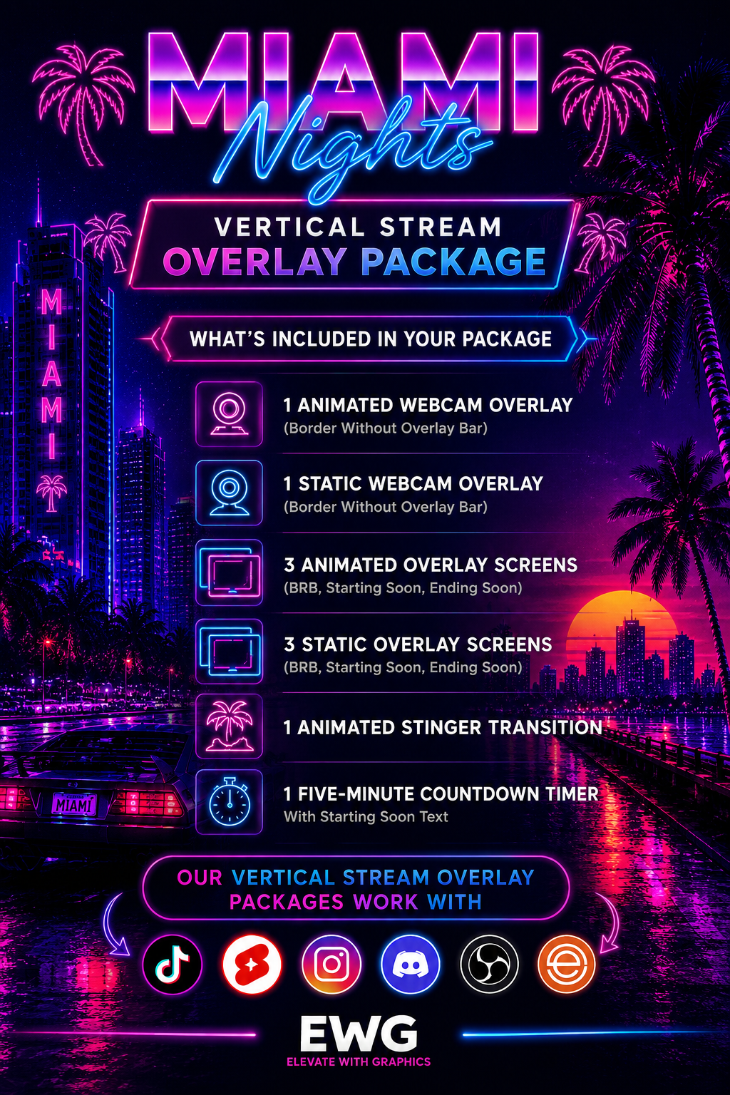 TikTok Vertical Stream Overlay Package - "Miami Nights"