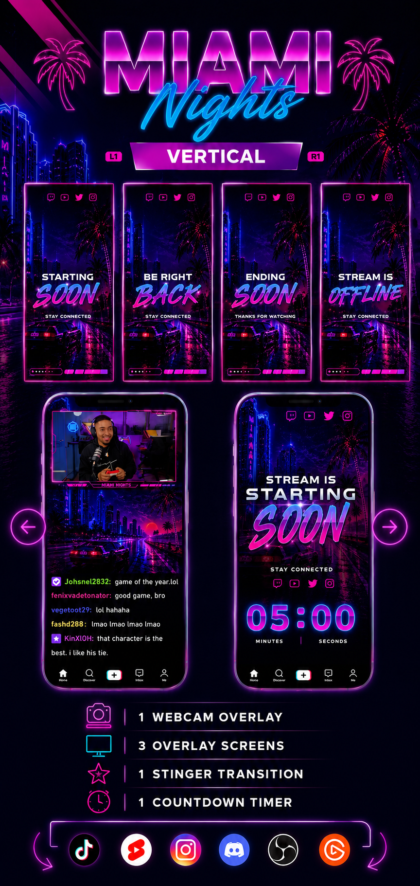 TikTok Vertical Stream Overlay Package - "Miami Nights"