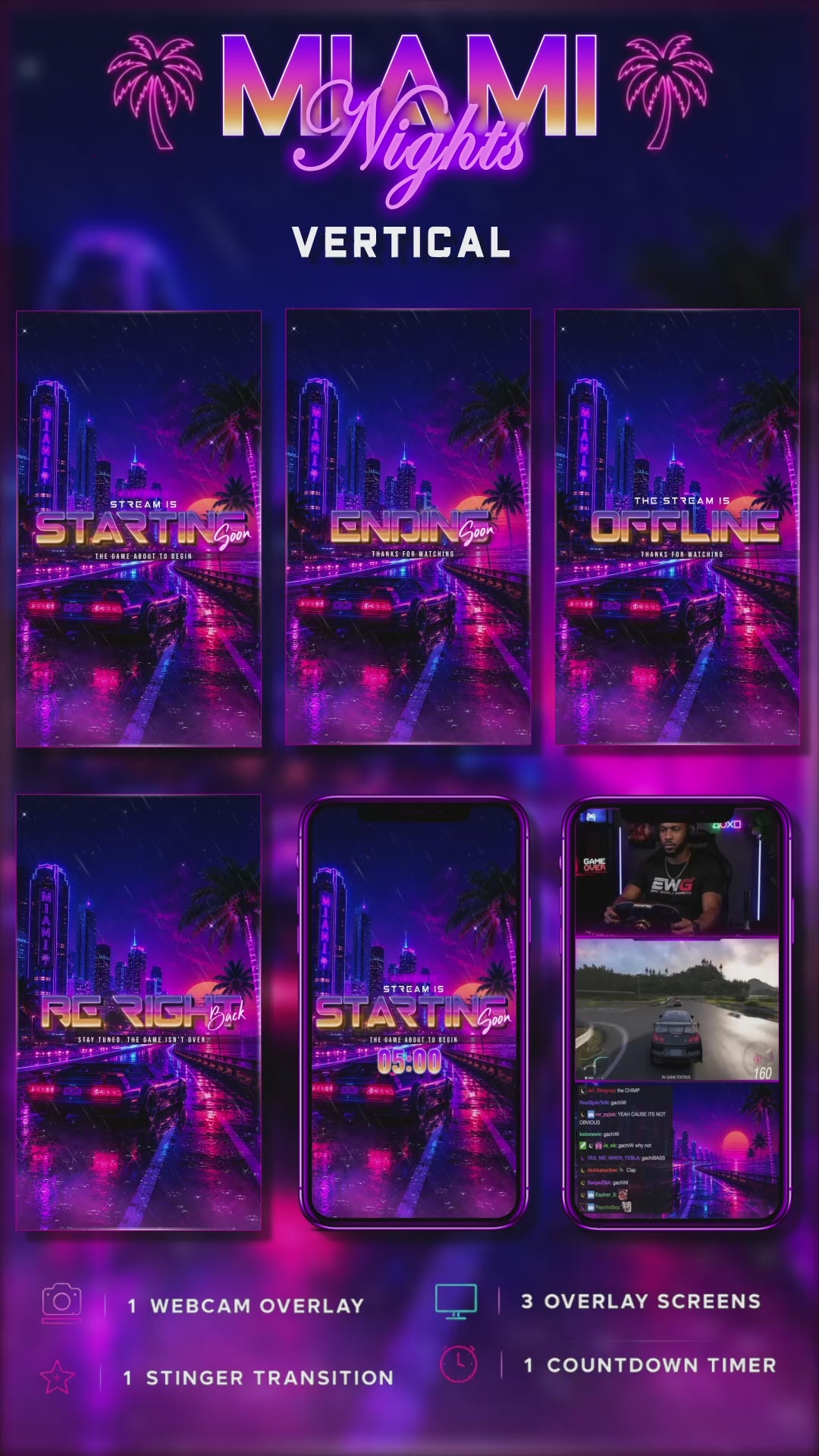 TikTok Vertical Stream Overlay Package - "Miami Nights"